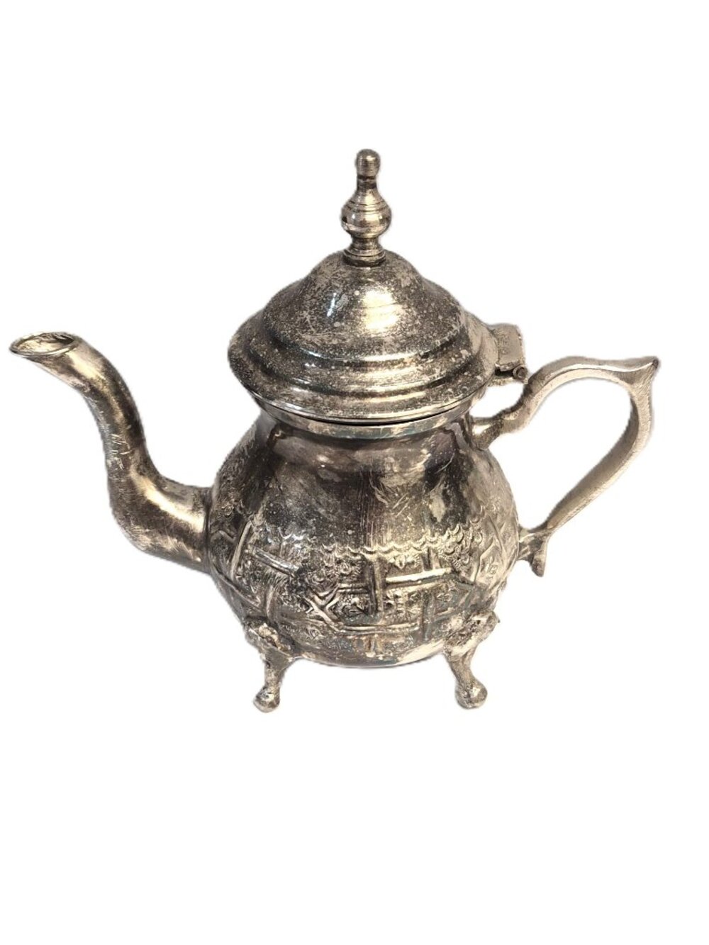VTG Moroccan Al-Ghazal Fes Teapot Hand-Engraved Silver-Plated Midcentury Tribal